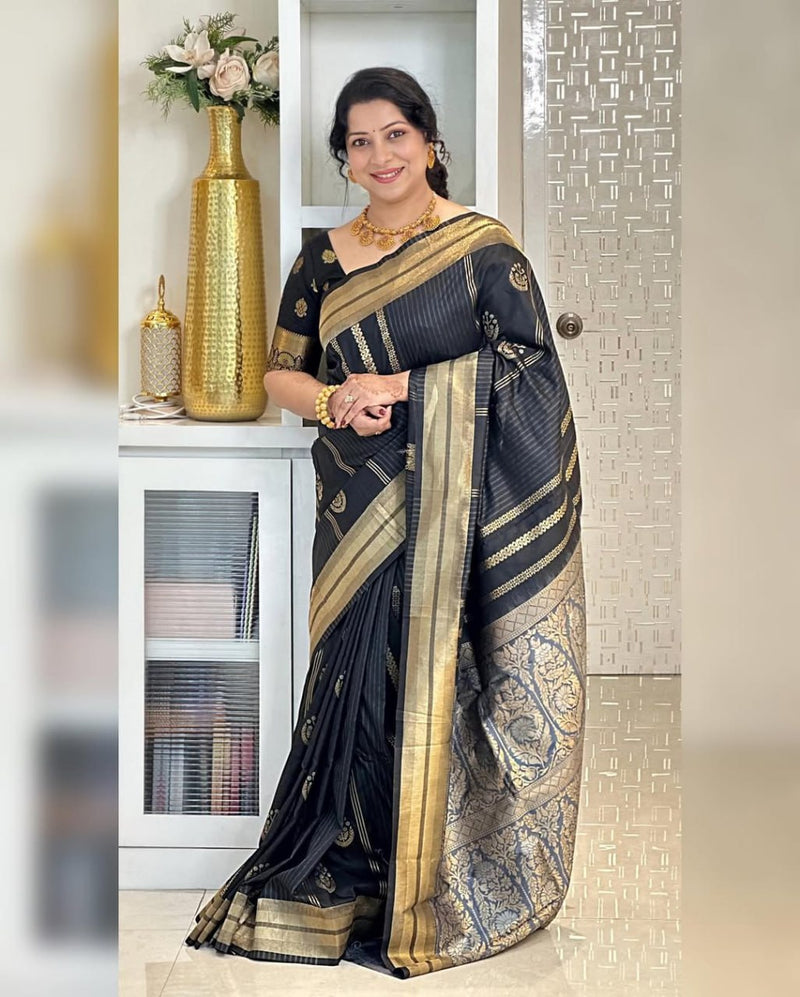 Opulent Black Soft Silk Saree With Flameboyant Blouse Piece