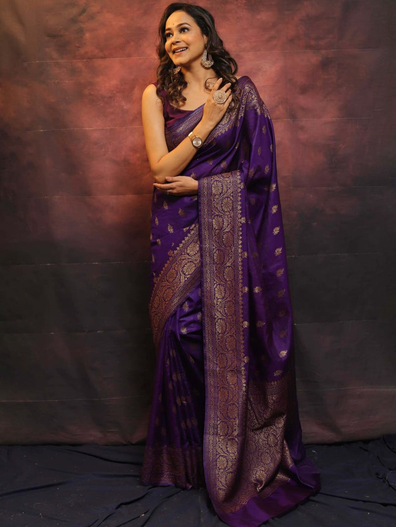 Fantabulous Purple Banarasi soft Silk Saree With Pleasurable Blouse Piece