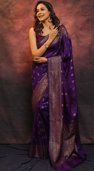 Fantabulous Purple Banarasi soft Silk Saree With Pleasurable Blouse Piece