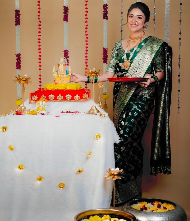 Ravishing Dark Green Soft Silk Saree With Girlish Blouse Piece