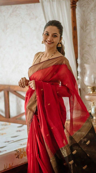 Blooming Red Cotton Silk Saree With Wonderful Blouse Piece