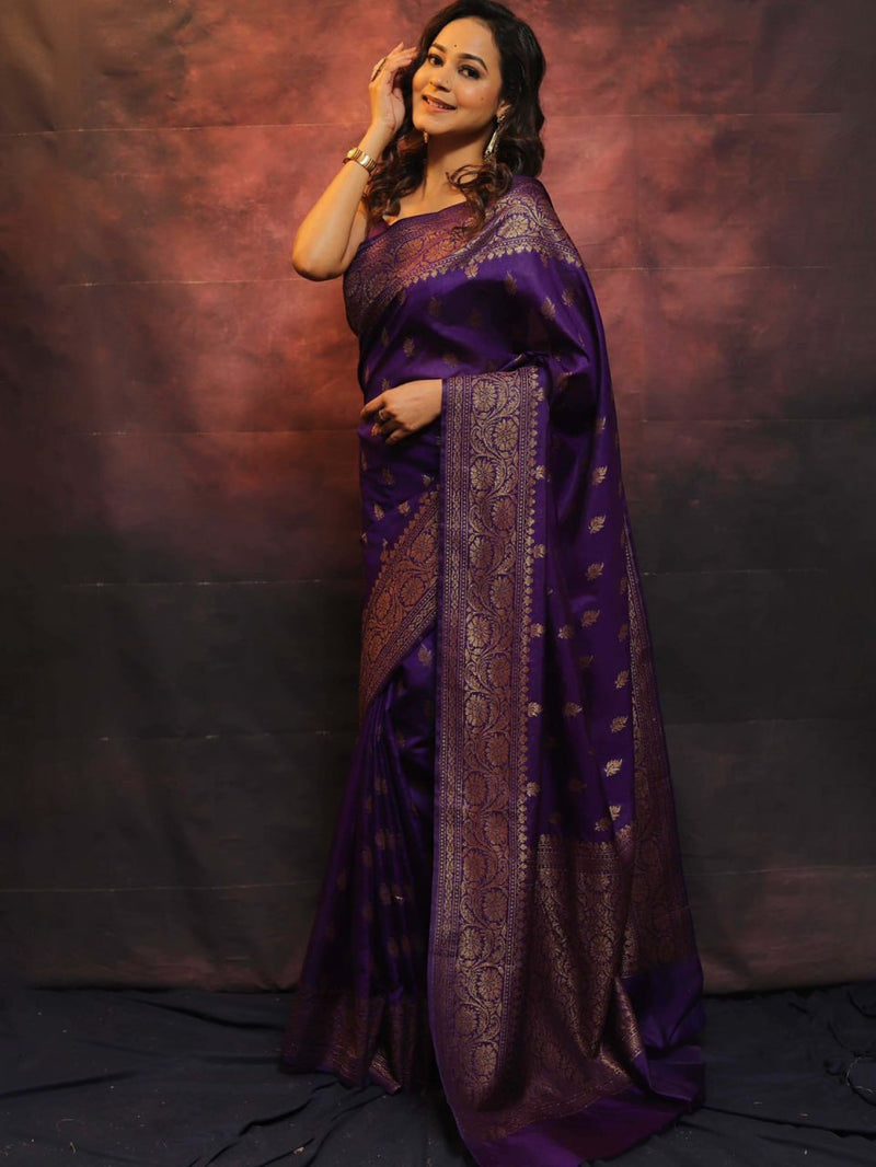Fantabulous Purple Banarasi soft Silk Saree With Pleasurable Blouse Piece