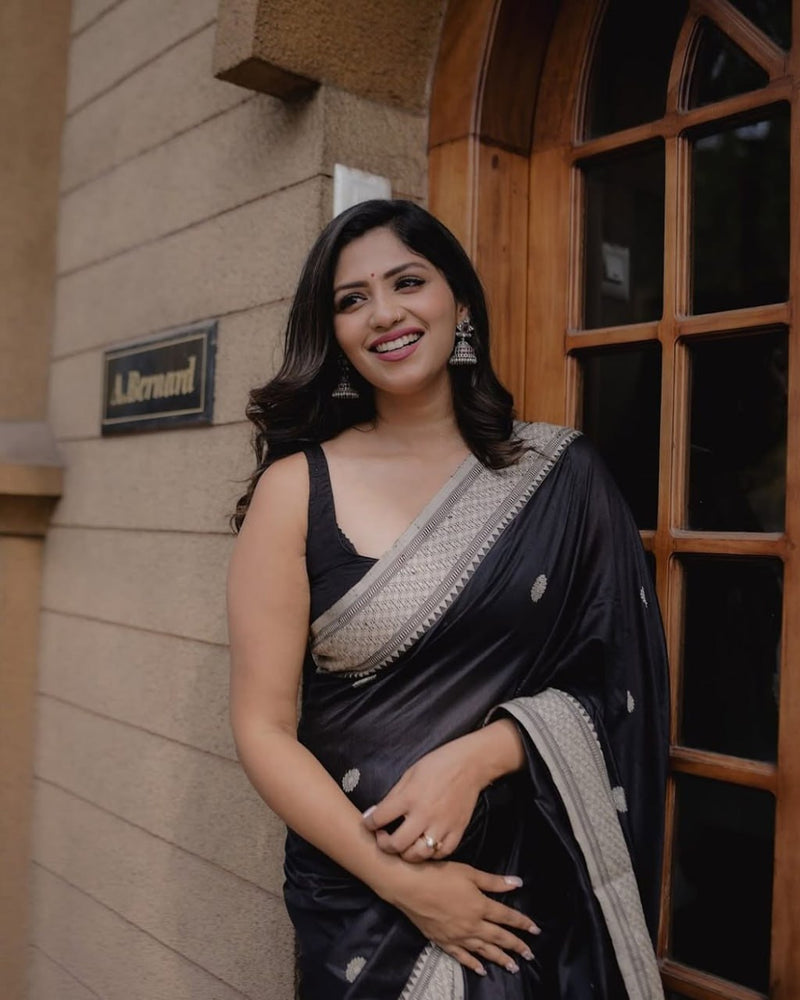 Assemblage Black Soft Silk Saree With Ebullience Blouse Piece