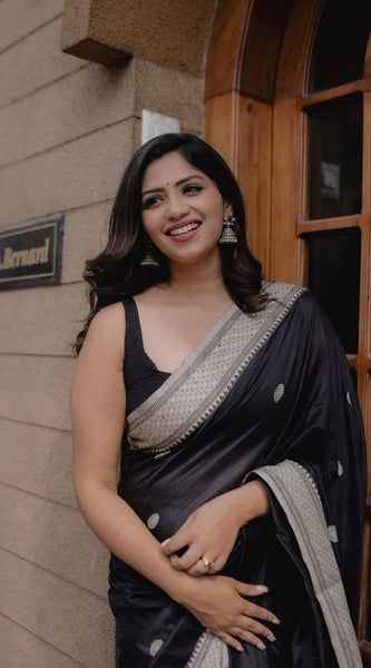 Assemblage Black Soft Silk Saree With Ebullience Blouse Piece