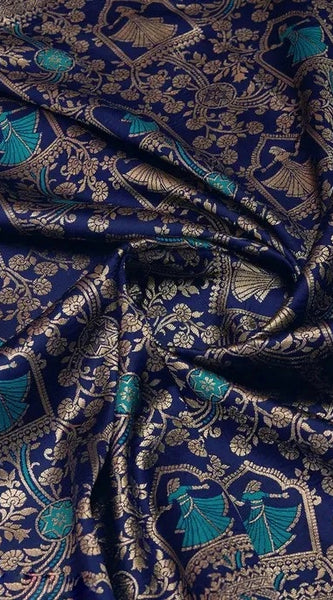 Midnight Majesty: Designer Kanjivaram Silk Saree in Navy Blue & Teal Green