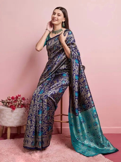 Midnight Majesty: Designer Kanjivaram Silk Saree in Navy Blue & Teal Green