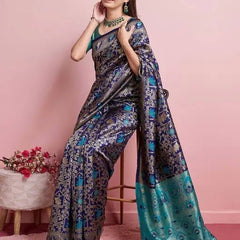 Midnight Majesty: Designer Kanjivaram Silk Saree in Navy Blue & Teal Green