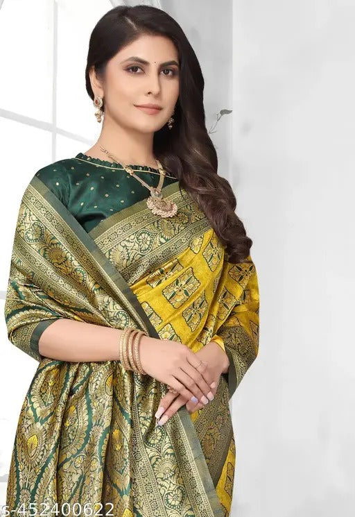 Sunlit Splendor: Designer Kanjivaram Silk Saree in Mustard Yellow & Bottle Green