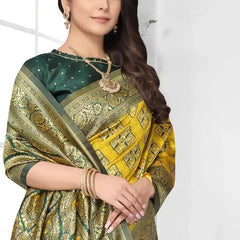 Sunlit Splendor: Designer Kanjivaram Silk Saree in Mustard Yellow & Bottle Green