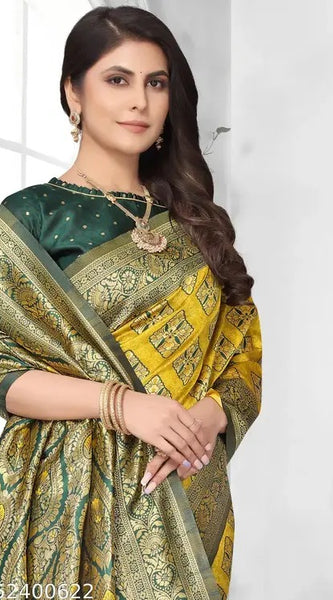 Sunlit Splendor: Designer Kanjivaram Silk Saree in Mustard Yellow & Bottle Green